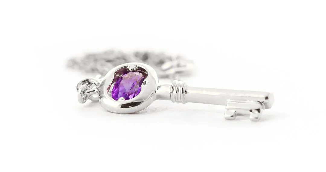 0.5 Carat 14K Solid White Gold Key Charm Necklace Purple Amethyst