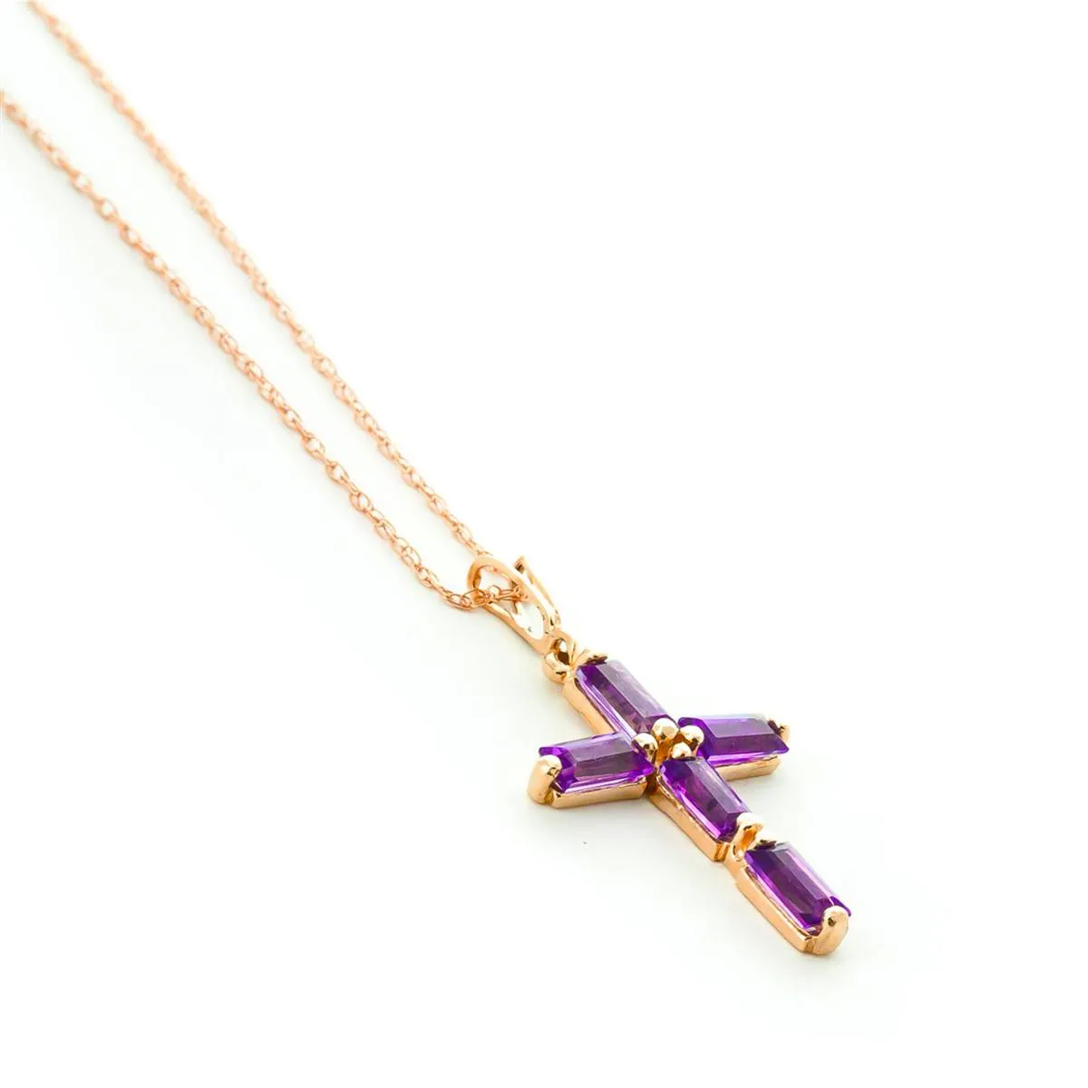 14K Solid Rose Gold Cross Necklace w/ Natural Purple Amethysts