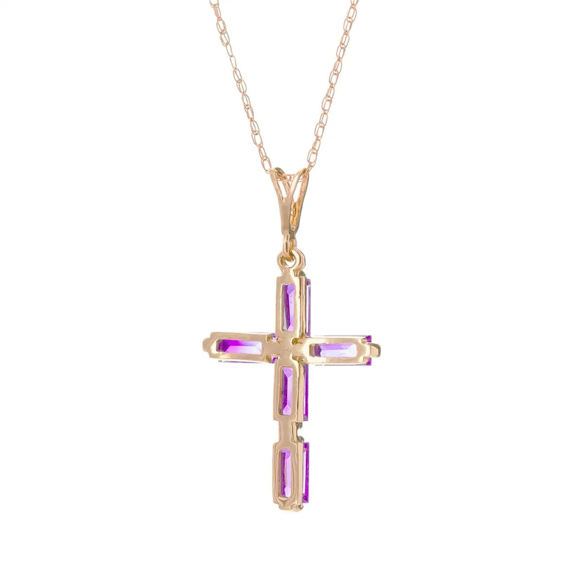 14K Solid Rose Gold Cross Necklace w/ Natural Purple Amethysts