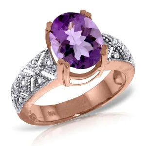 14K Solid Rose Gold Ring Natural Diamond & Purple Amethyst Jewelry