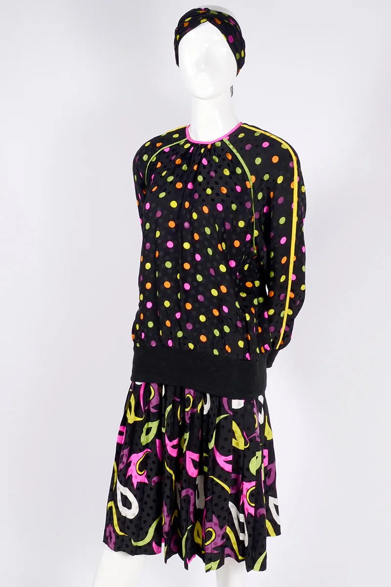 1980s Silk Oversized Sweatshirt & Pleated Midi Skirt in Multicolor Polka Dot Abstract Paisley