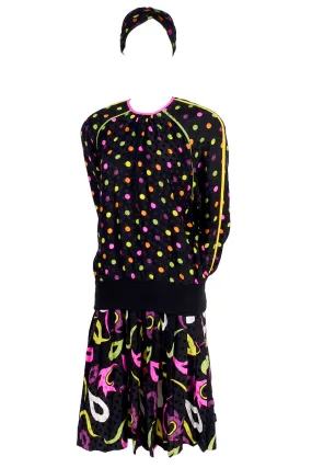 1980s Silk Oversized Sweatshirt & Pleated Midi Skirt in Multicolor Polka Dot Abstract Paisley