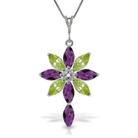 2 Carat 14K Solid White Gold Necklace Diamond, Purple Amethyst Peridot