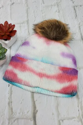 #35 Teal, Pink, Purple Tie-Dye Pom-Pom Beanie