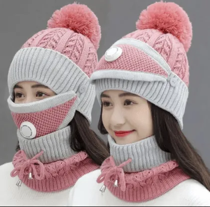 3PCS Womens Winter Warm Scarf Knitted Hat Mask