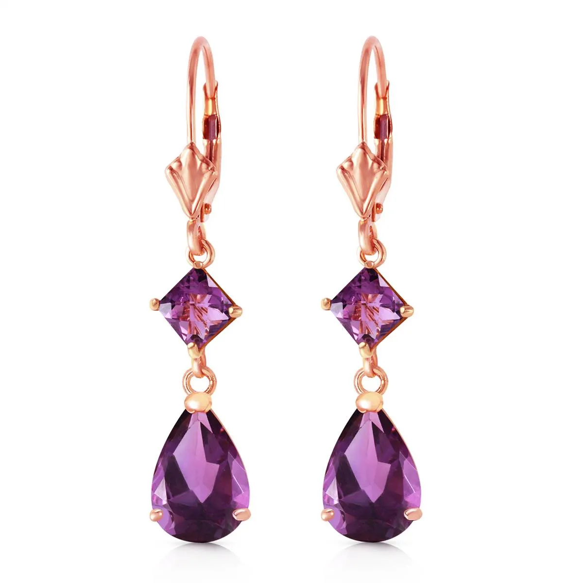 4.5 Carat 14K Solid Rose Gold Amethyst Drops Leverback Earrings