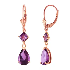 4.5 Carat 14K Solid Rose Gold Amethyst Drops Leverback Earrings