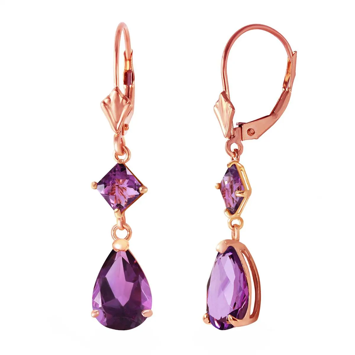 4.5 Carat 14K Solid Rose Gold Amethyst Drops Leverback Earrings