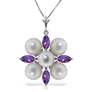 6.3 Carat 14K Solid White Gold Loving Embrace Amethyst Pearl Necklace