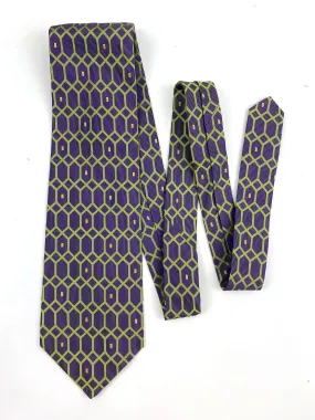 90s Deadstock Silk Necktie, Men's Vintage Purple/ Green Lattice Pattern Tie, NOS