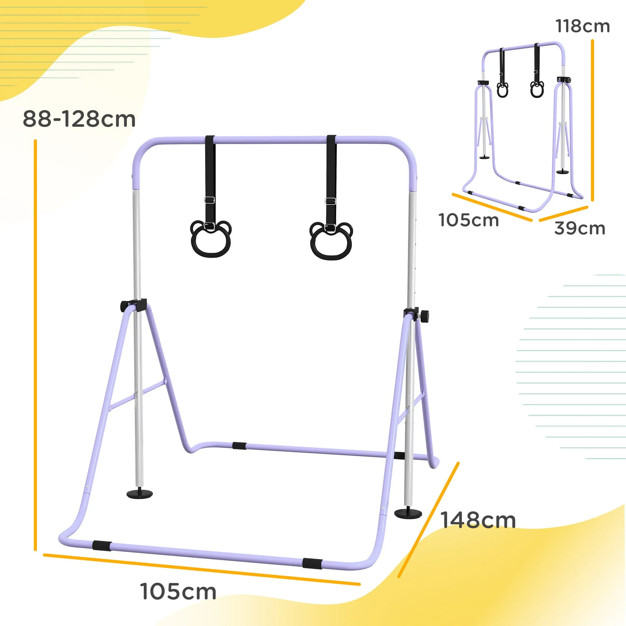 Adjustable Height Foldable Kids Gymnastics Bar with Non-Slip Mats, Purple