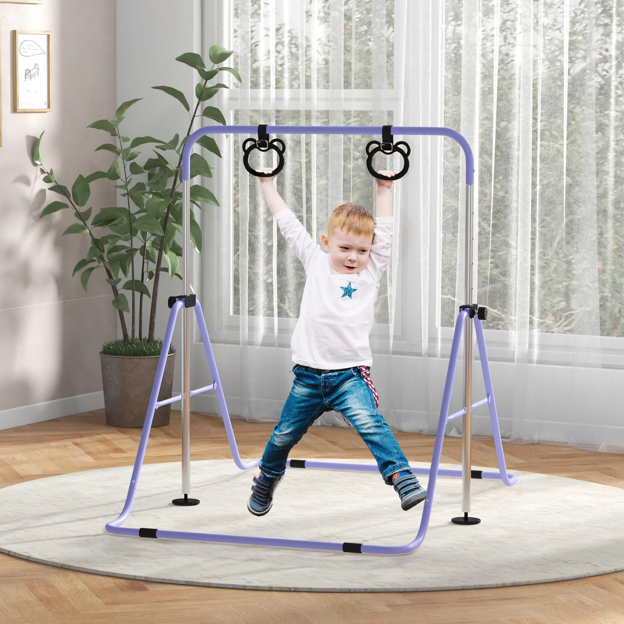 Adjustable Height Foldable Kids Gymnastics Bar with Non-Slip Mats, Purple