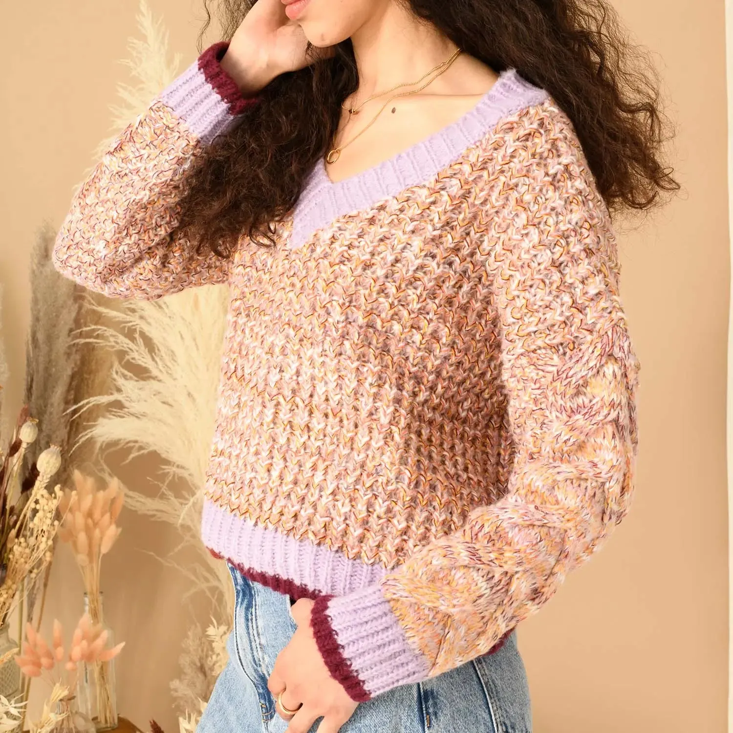 Amy V-Neck Cable Jumper - Rust, Pink & Lilac