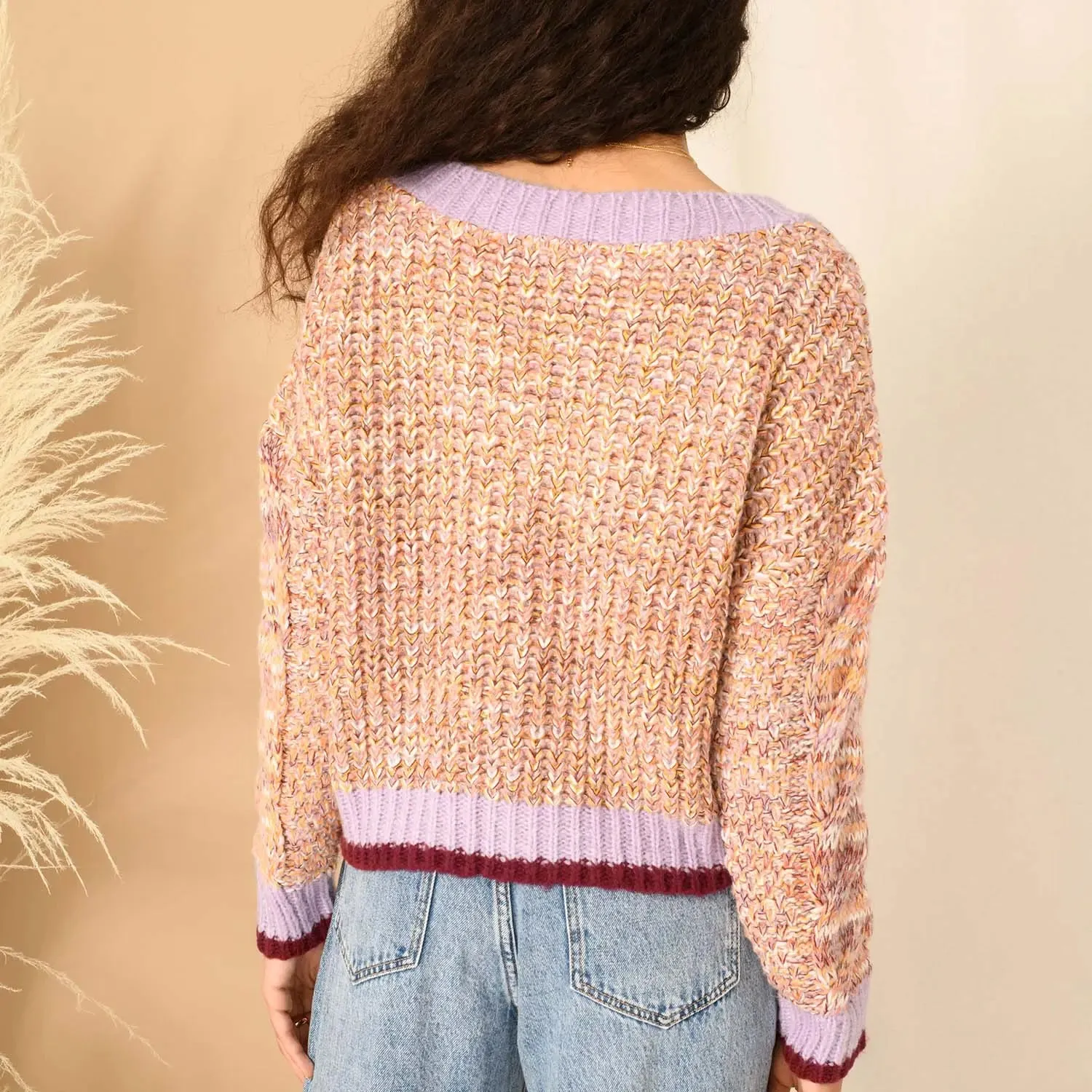 Amy V-Neck Cable Jumper - Rust, Pink & Lilac