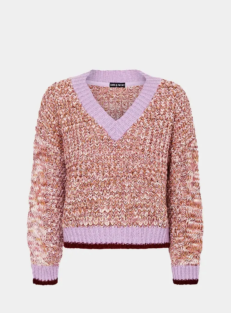 Amy V-Neck Cable Jumper - Rust, Pink & Lilac