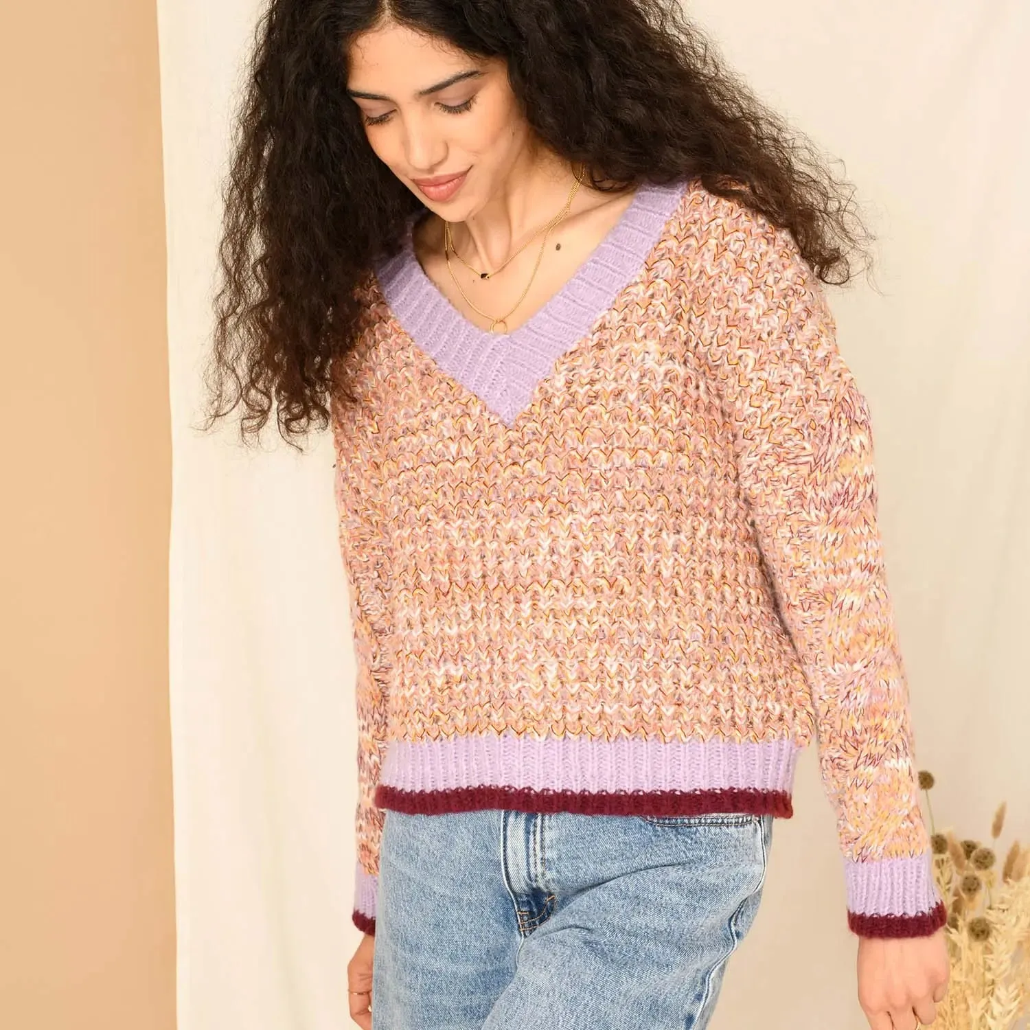 Amy V-Neck Cable Jumper - Rust, Pink & Lilac