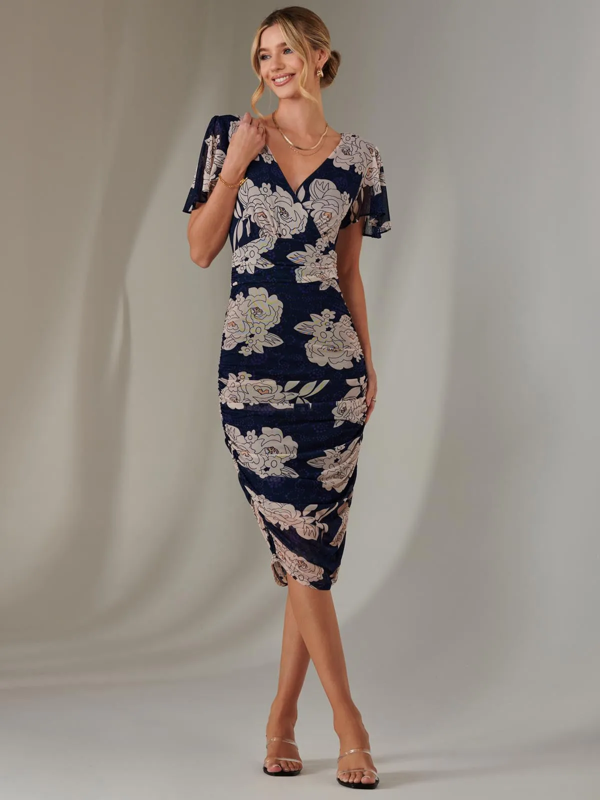 Angel Sleeve Ruched Bodycon Dress, Navy Floral