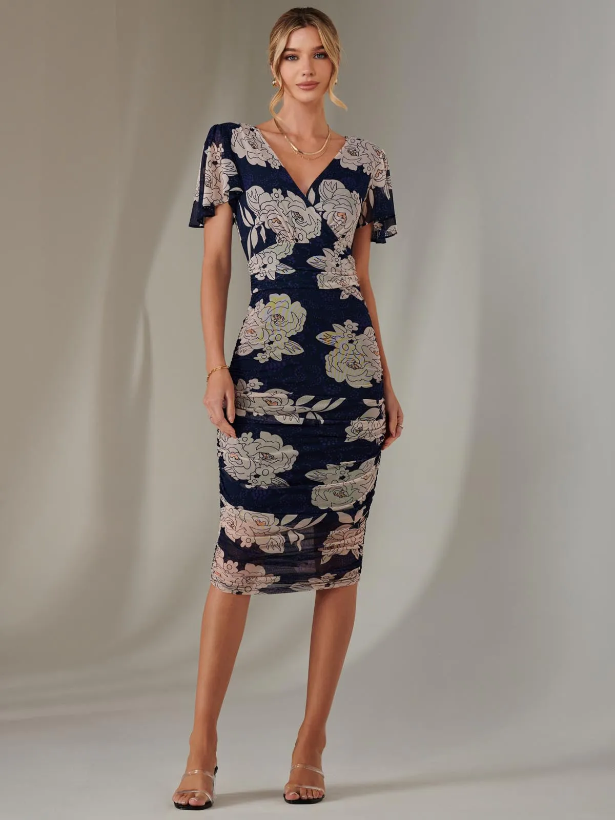 Angel Sleeve Ruched Bodycon Dress, Navy Floral