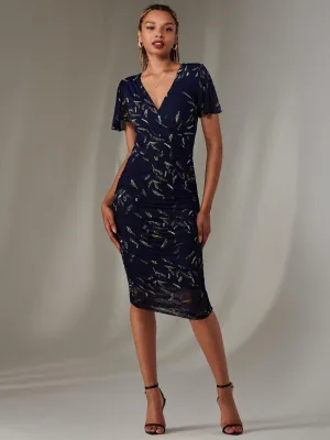 Angel Sleeve Ruched Bodycon Dress, Navy Leafy