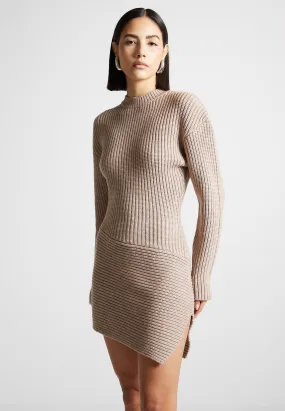 Asymmetric Knit Jumper Dress - Taupe