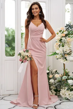 B4036 - V-Neck Ruched Satin Sheath Long Bridesmaid Dress With Slit