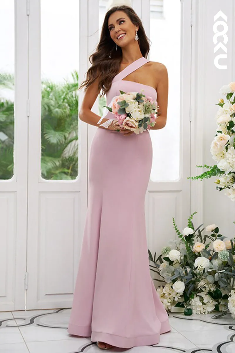 B4037 - Pink One Shoulder Satin Sheath Long Bridesmaid Dress