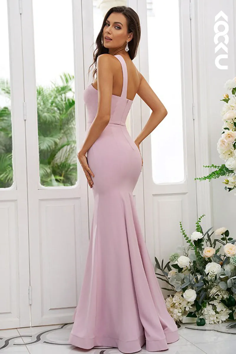 B4037 - Pink One Shoulder Satin Sheath Long Bridesmaid Dress