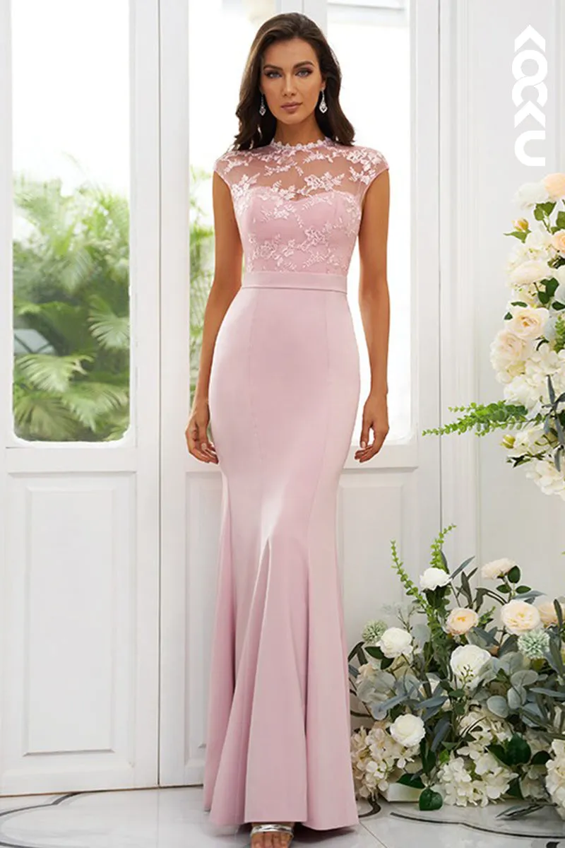 B4039 - High Neck Lace Sleeveless Satin Sheath Long Bridesmaid Dress