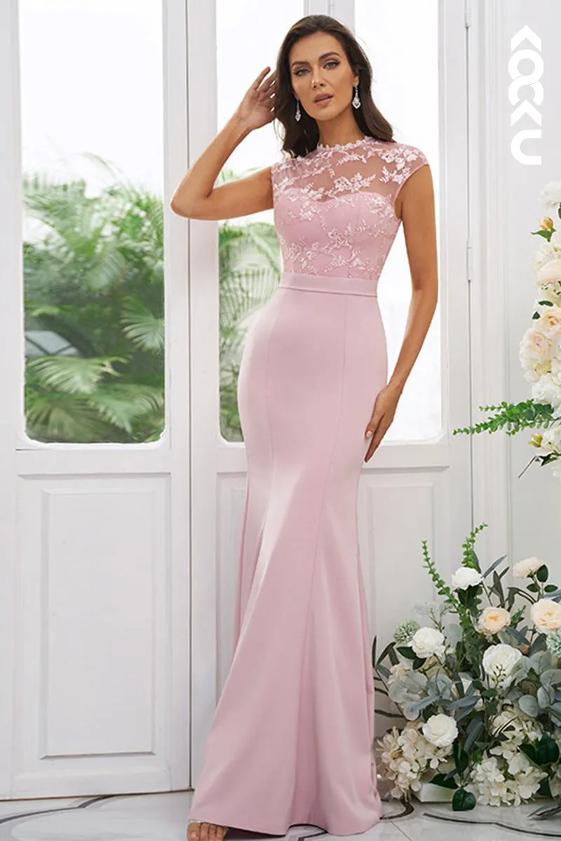 B4039 - High Neck Lace Sleeveless Satin Sheath Long Bridesmaid Dress