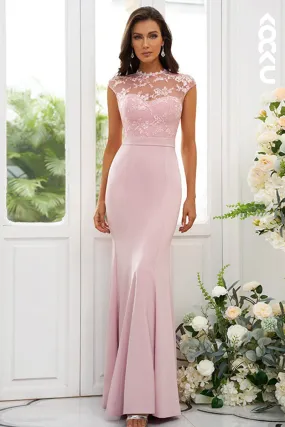 B4039 - High Neck Lace Sleeveless Satin Sheath Long Bridesmaid Dress