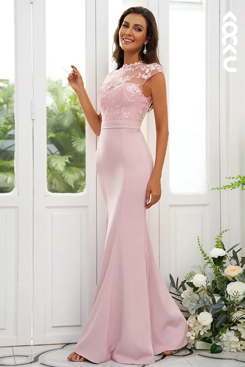 B4039 - High Neck Lace Sleeveless Satin Sheath Long Bridesmaid Dress