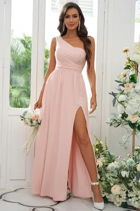 B4071 - One Shoulder Ruched Satin A-Line Long Bridesmaid Dress With Slit