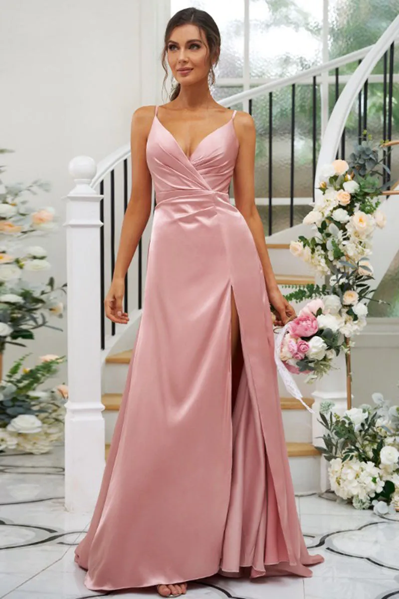 B4073 - V-Neck Spaghetti Straps Ruched Satin A-Line Long Bridesmaid Dress