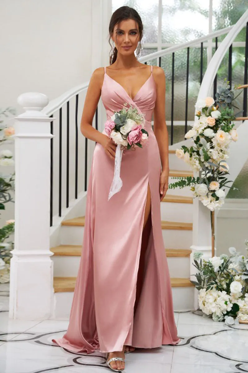 B4073 - V-Neck Spaghetti Straps Ruched Satin A-Line Long Bridesmaid Dress