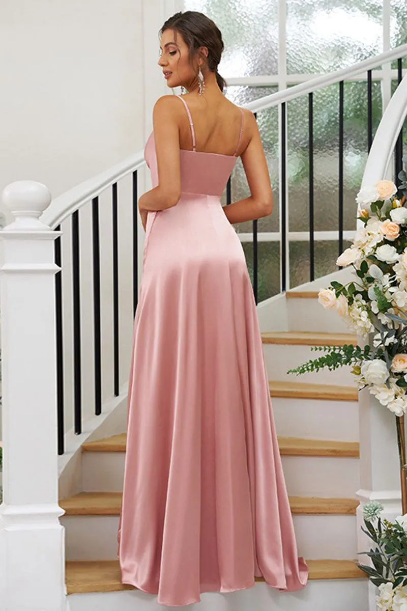 B4073 - V-Neck Spaghetti Straps Ruched Satin A-Line Long Bridesmaid Dress