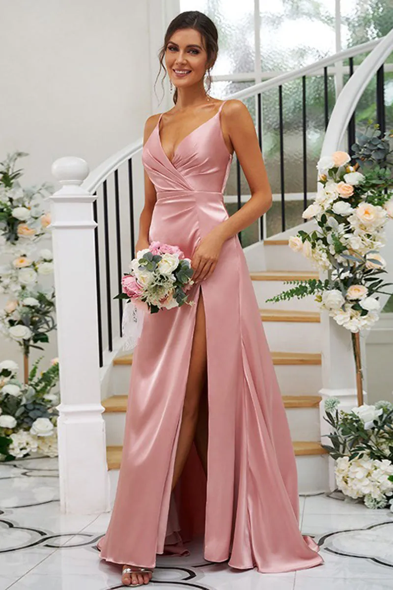 B4073 - V-Neck Spaghetti Straps Ruched Satin A-Line Long Bridesmaid Dress