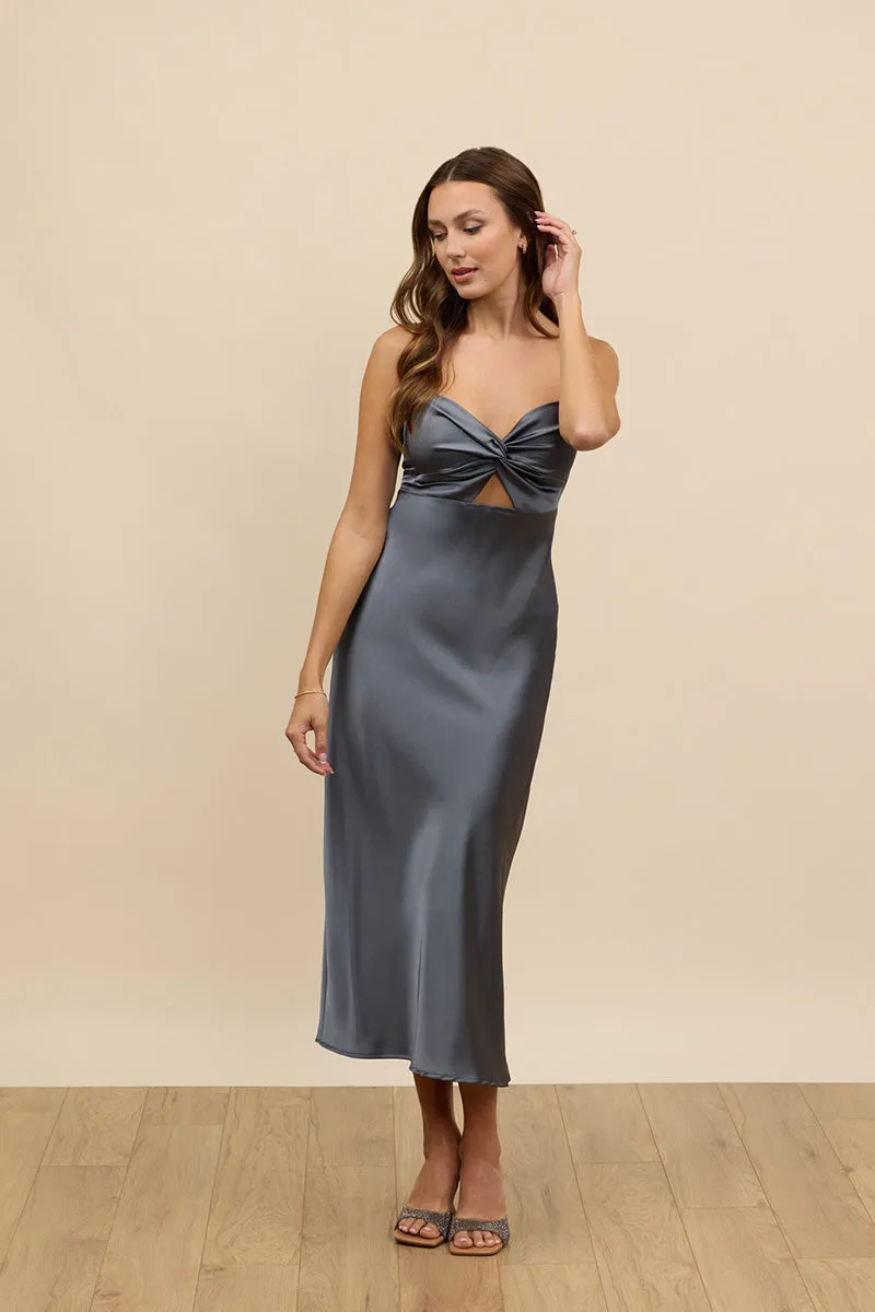 B4091 - V-Neck Spaghetti Straps Bow Cut Outs Satin Midi Bridesmaid Dress