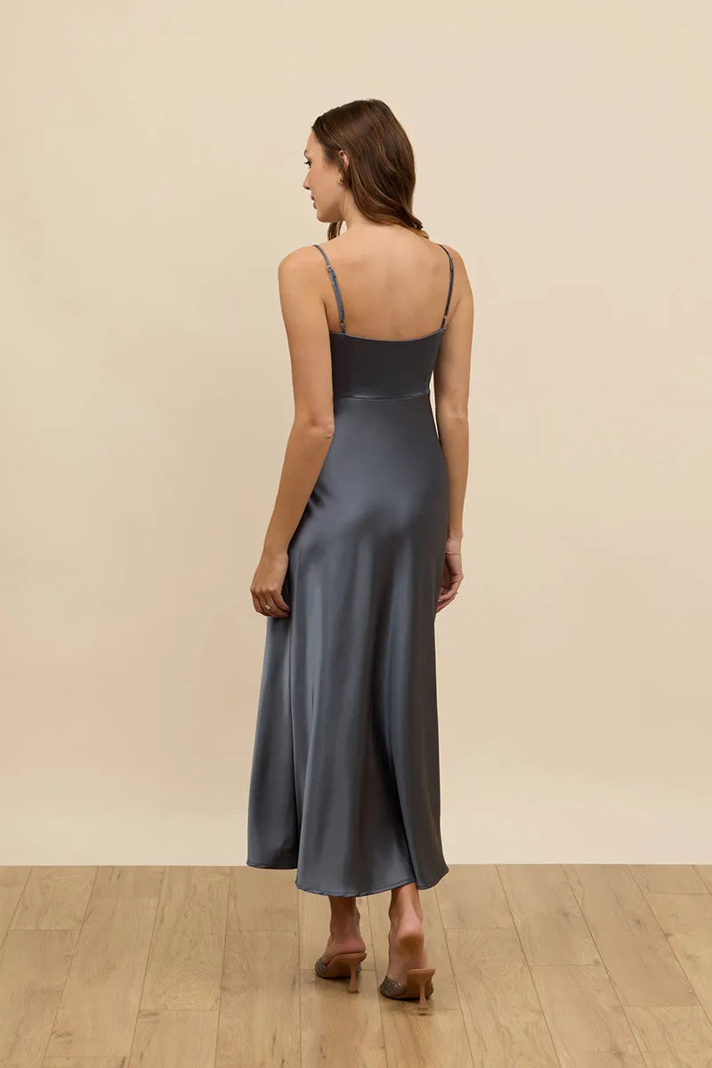 B4091 - V-Neck Spaghetti Straps Bow Cut Outs Satin Midi Bridesmaid Dress