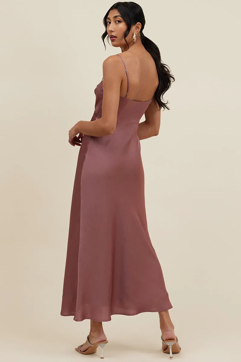 B4093 - V-Neck Spaghetti Straps Bow Cut Outs Satin Midi Bridesmaid Dress