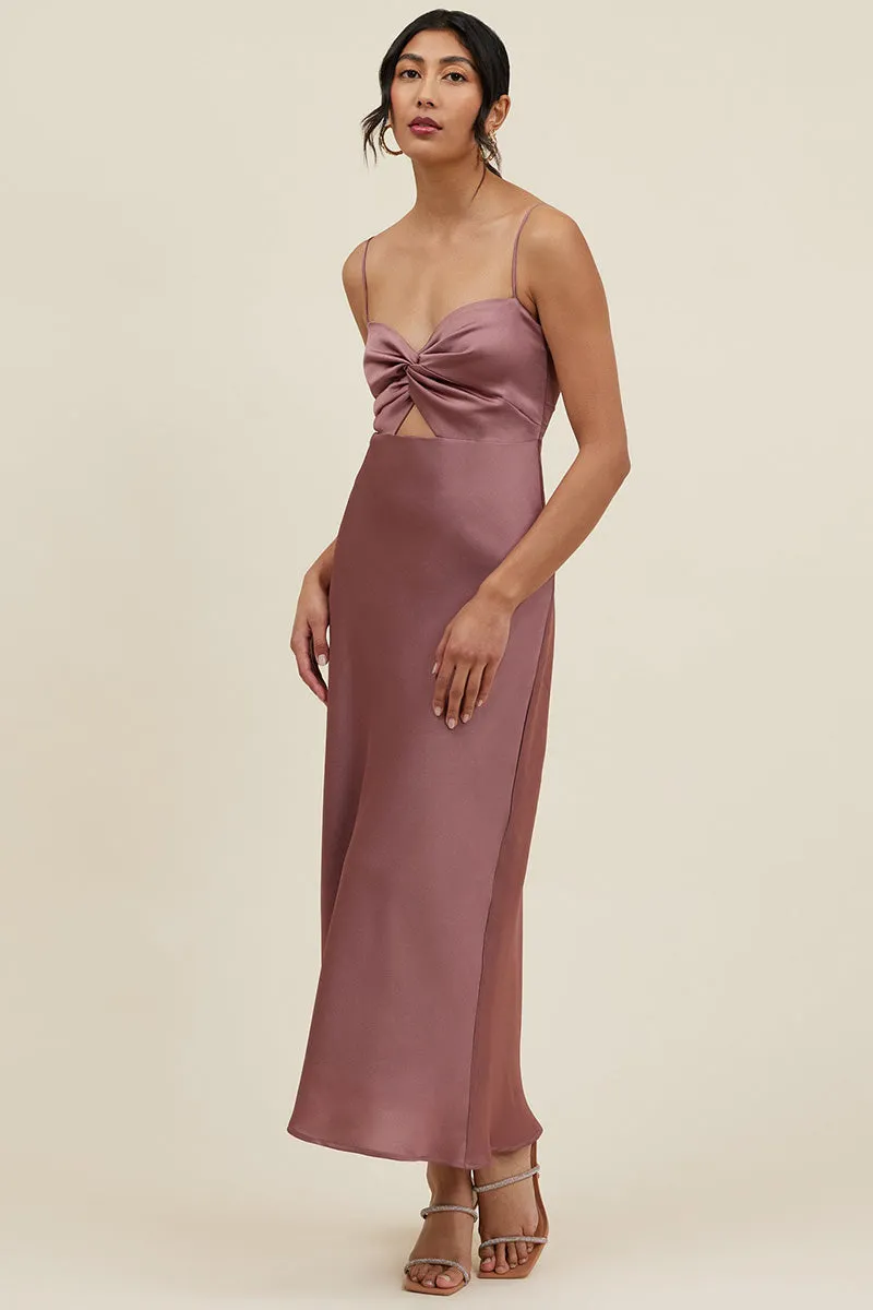 B4093 - V-Neck Spaghetti Straps Bow Cut Outs Satin Midi Bridesmaid Dress