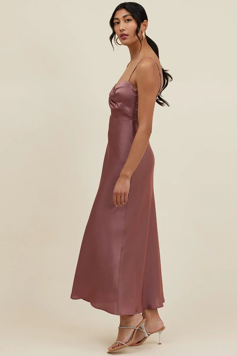 B4093 - V-Neck Spaghetti Straps Bow Cut Outs Satin Midi Bridesmaid Dress