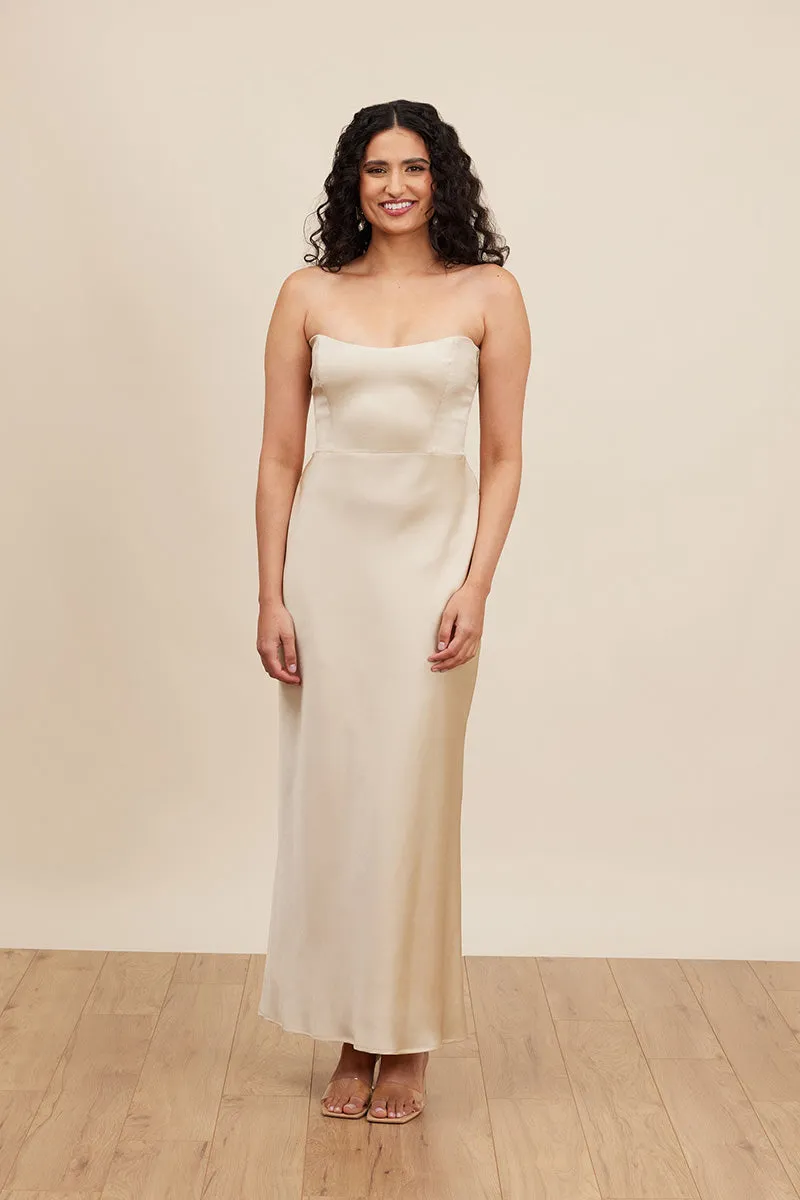 B4099 - Simple Strapless Satin Sheath Long Bridesmaid Dress