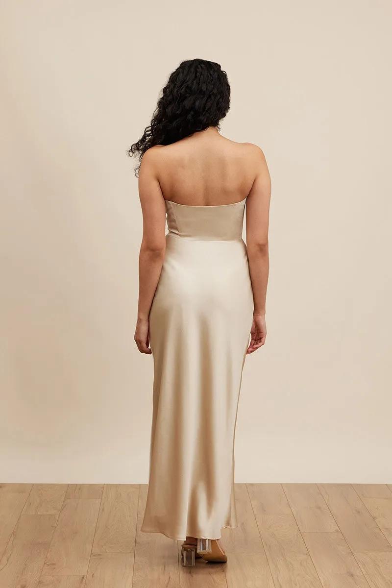 B4099 - Simple Strapless Satin Sheath Long Bridesmaid Dress