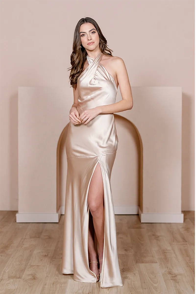 B4141 - Halter Cross-Neck Satin Sheath Long Bridesmaid Dress With Slit