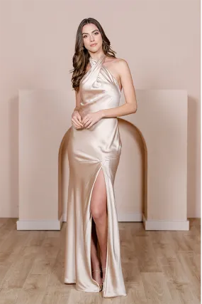 B4141 - Halter Cross-Neck Satin Sheath Long Bridesmaid Dress With Slit