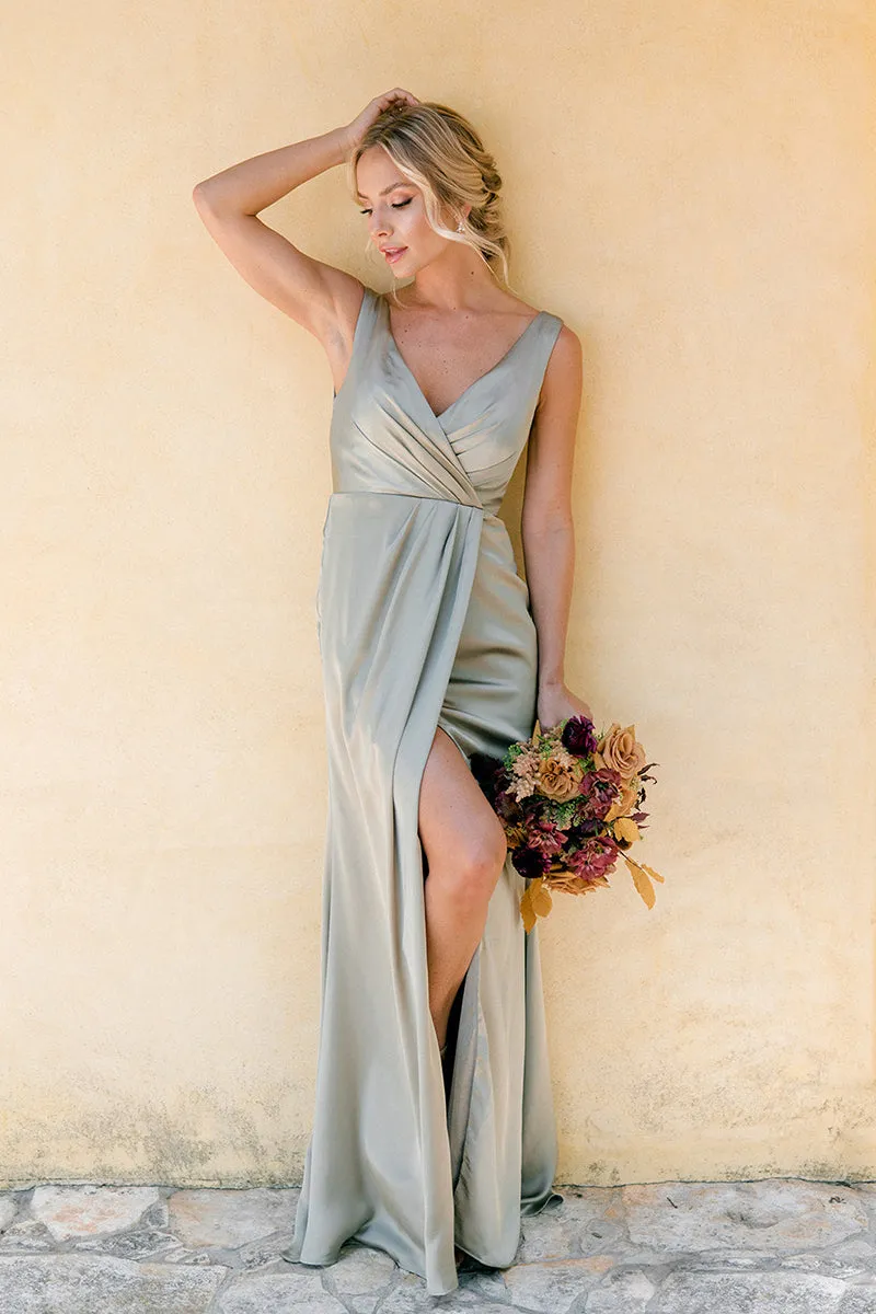 B4143 - V-Neck Ruched Satin Sheath Long Bridesmaid Dress With Slit