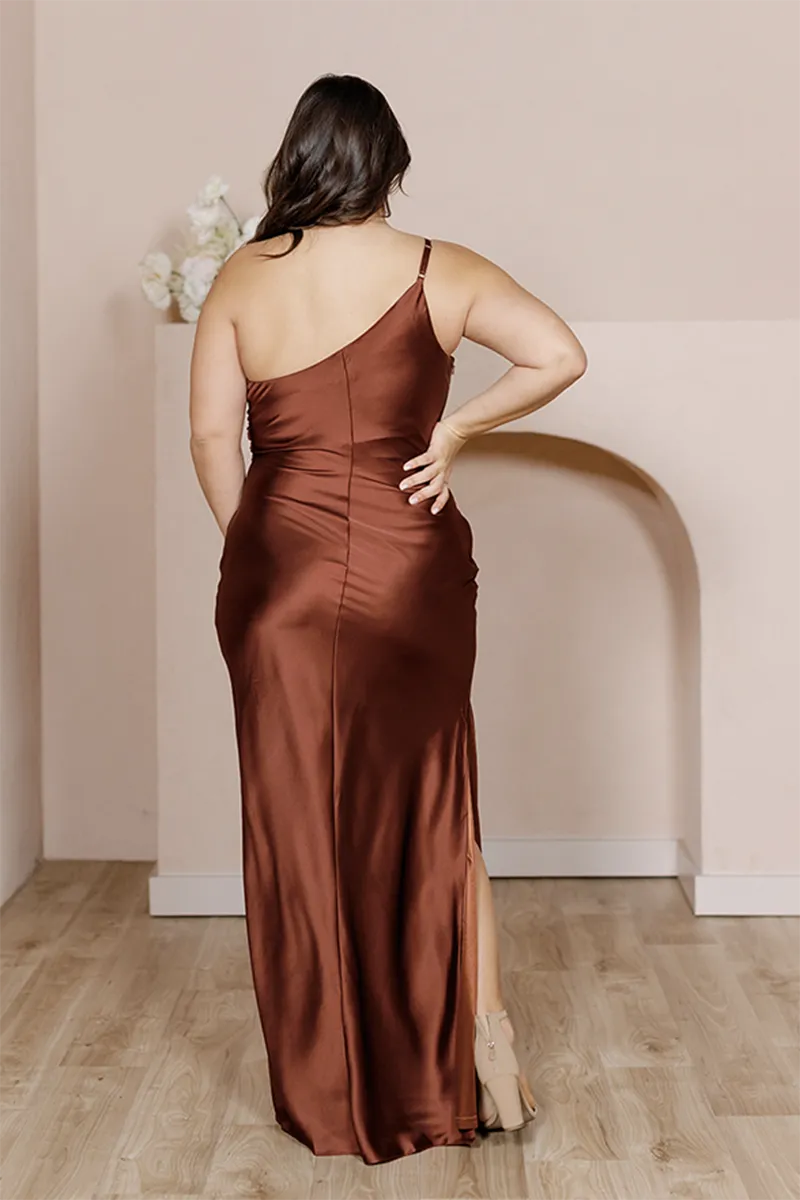 B4148 - One Shoulder Simple Ruched Satin Sheath Long Bridesmaid Dress With Slit