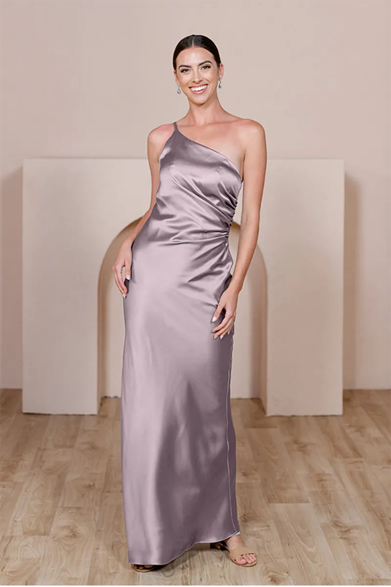 B4148 - One Shoulder Simple Ruched Satin Sheath Long Bridesmaid Dress With Slit