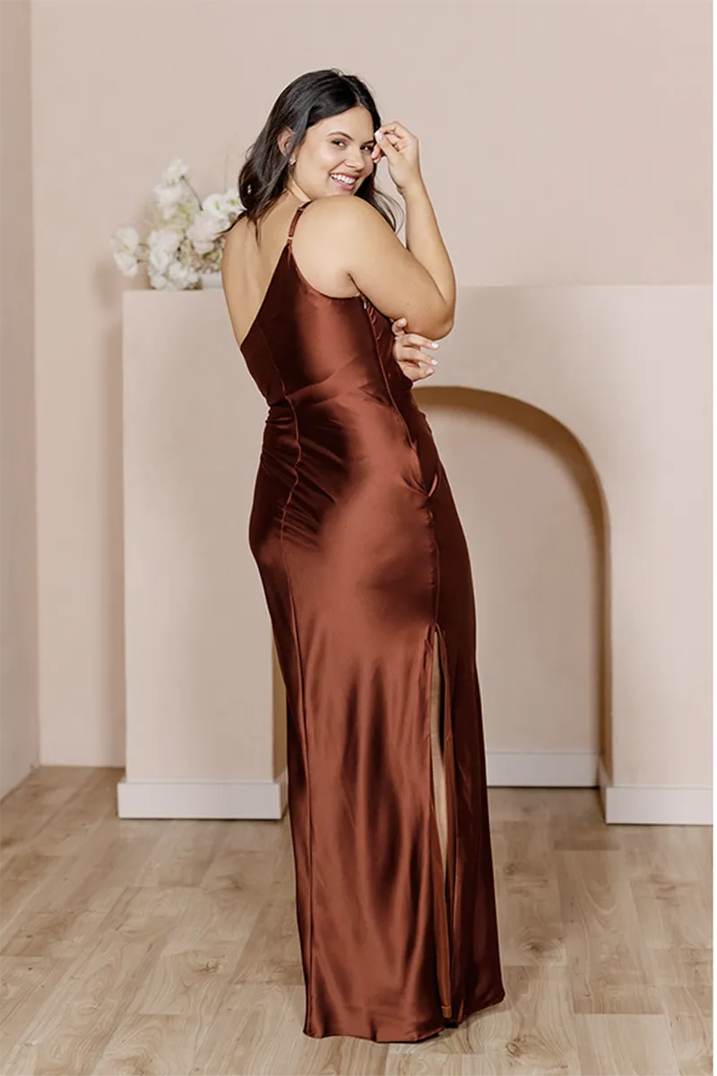 B4148 - One Shoulder Simple Ruched Satin Sheath Long Bridesmaid Dress With Slit