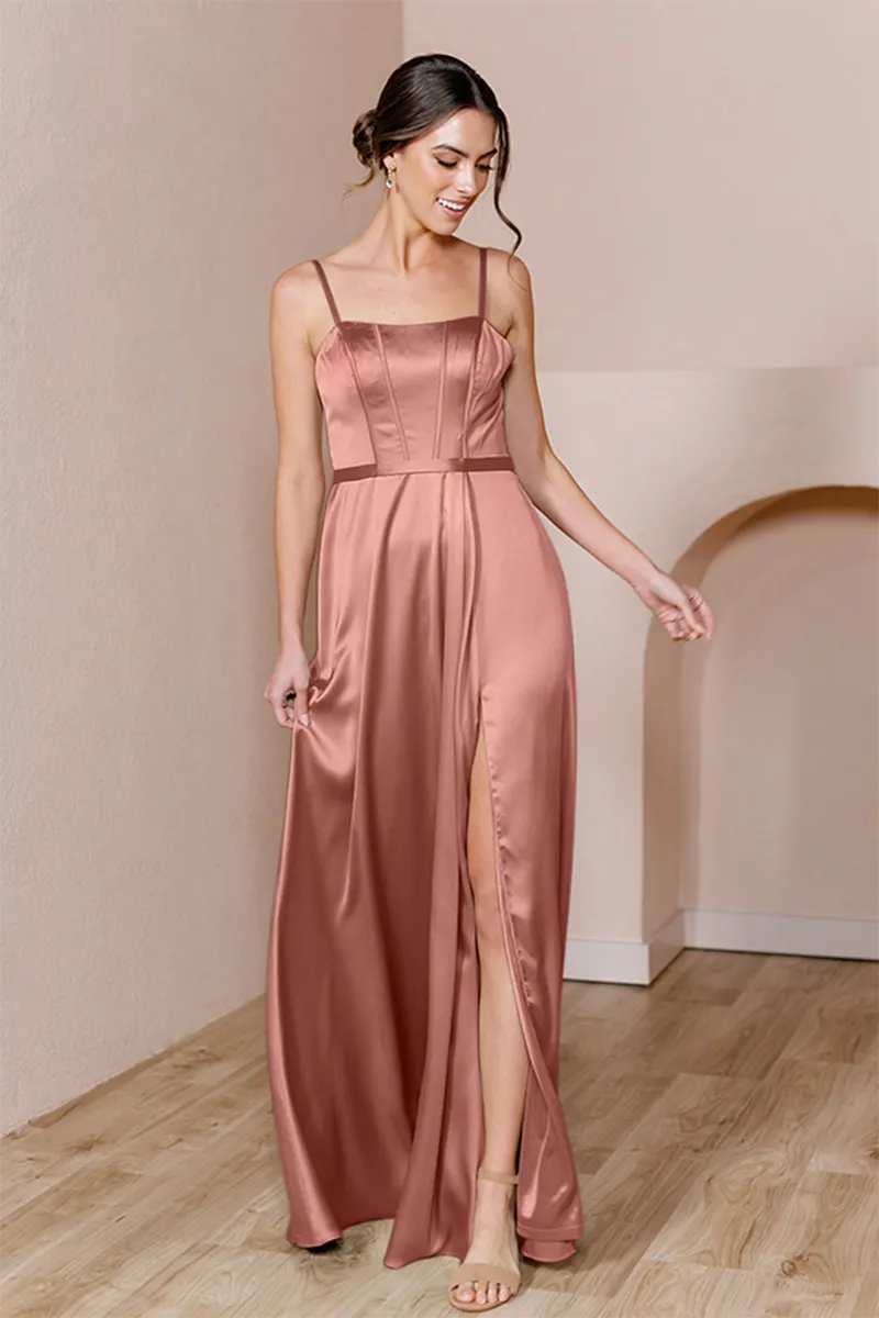 B4152 - Square Neck Spaghetti Straps Satin A-Line Long Bridesmaid Dress